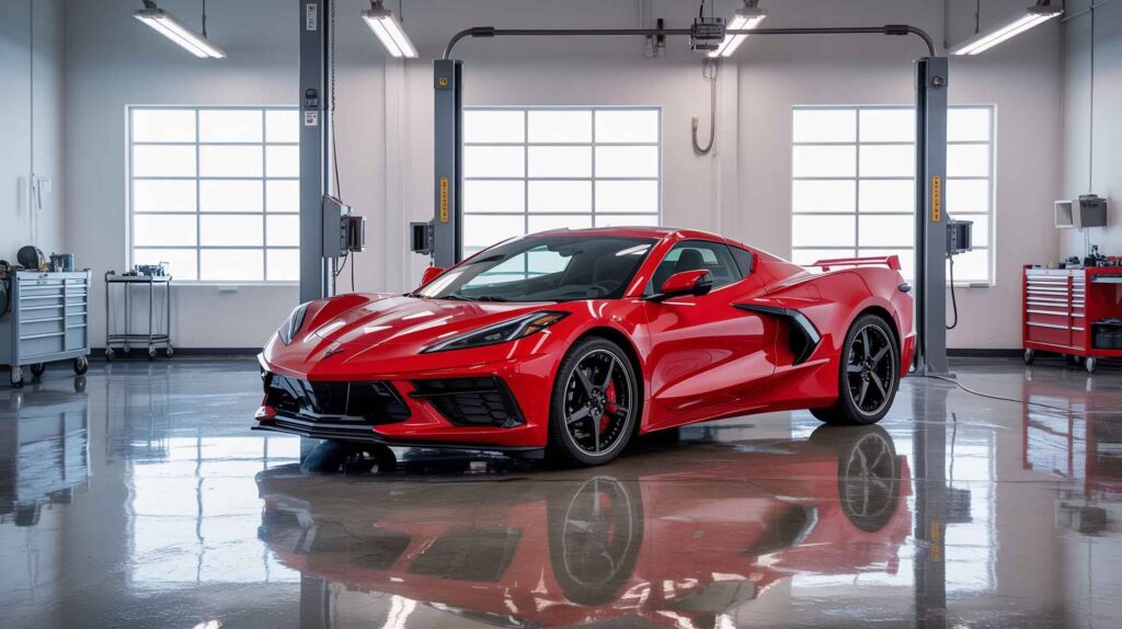corvette c8 certified collision center Red corvette in body shop Corvette-c8-certified-collision-center
