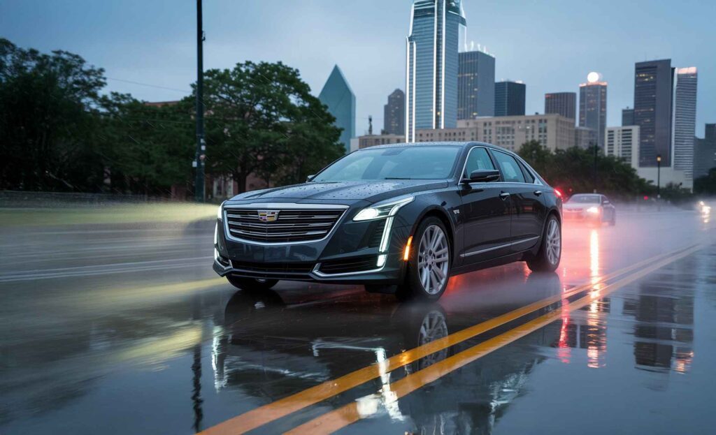 Black cadillac sedan driving in rain - Gm certified collision center
