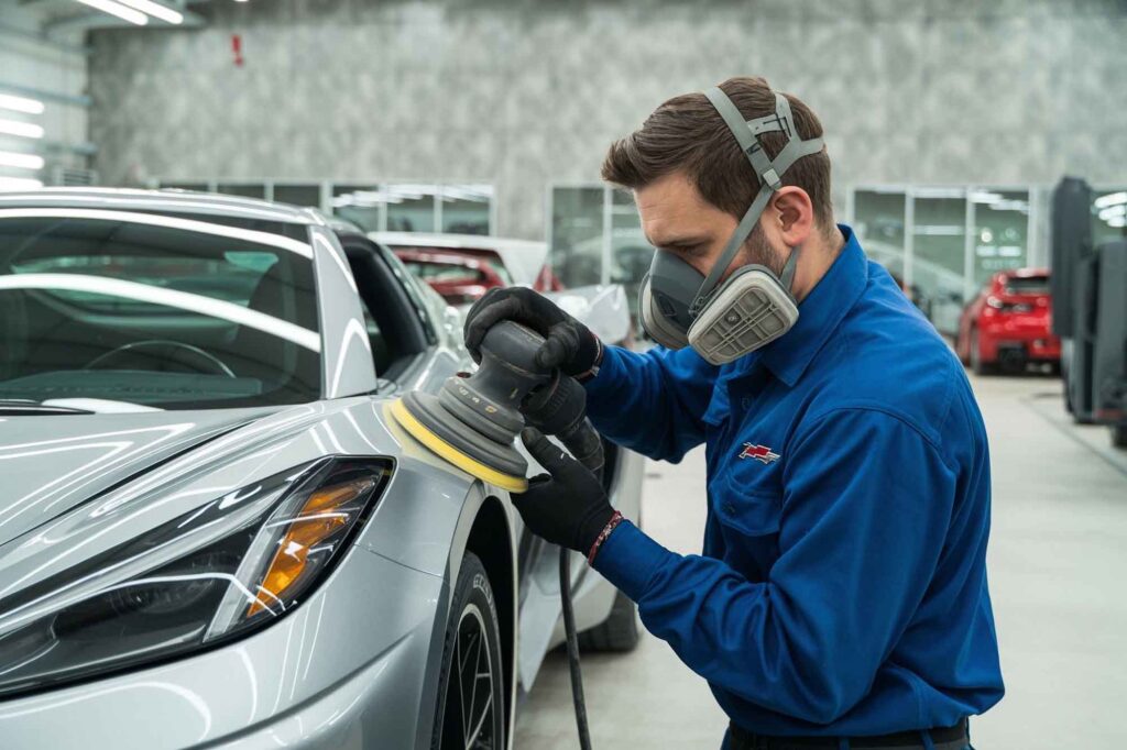 Technician Polishing silver corvette c8 fender – corvette c8 certified collision center – collision repair process Technician-Polishing-silver-corvette-c8-fender-corvette-c8-certified-collision-center-collision-repair-process