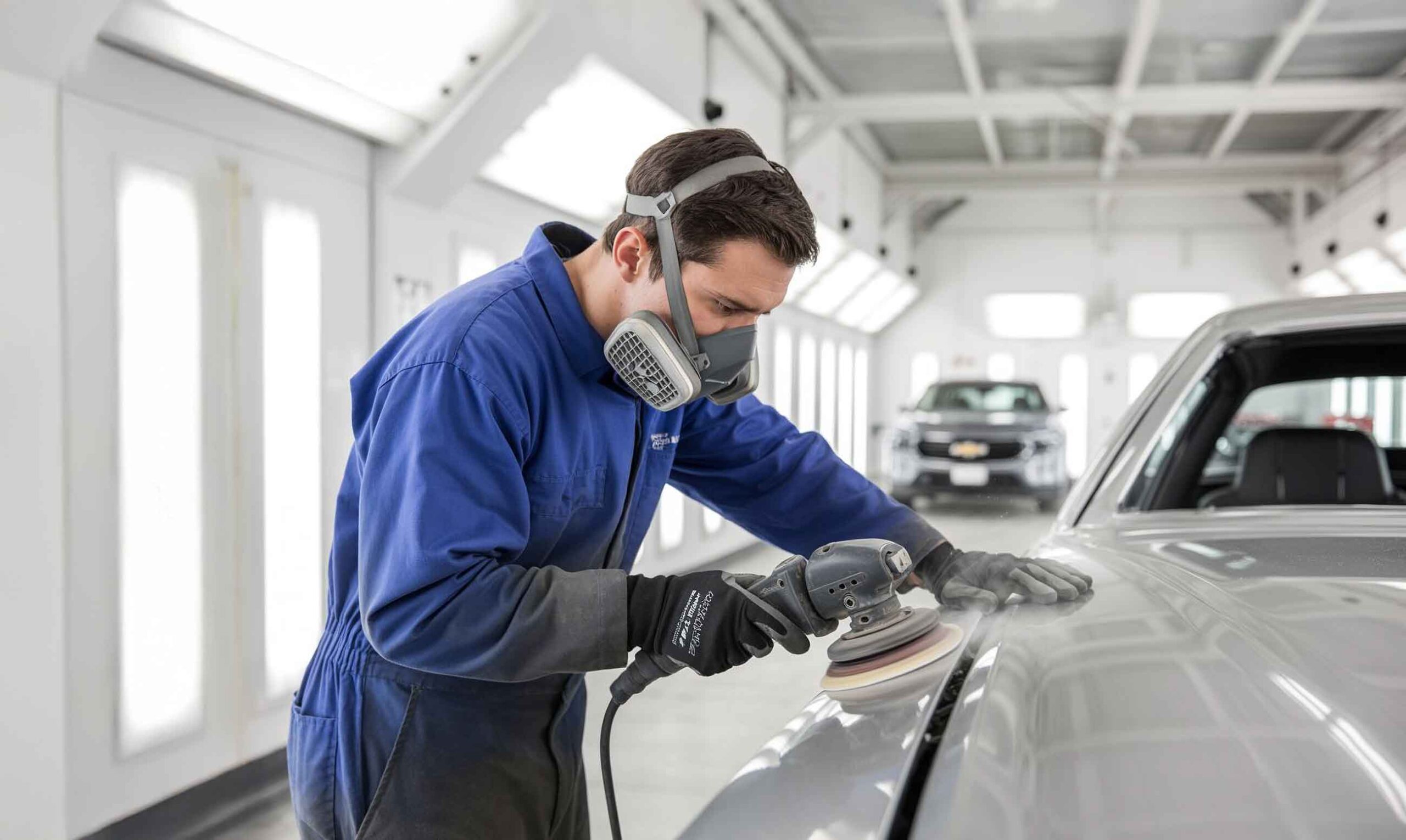 Technician polishing fresh paint in booth – Chevrolet Certified Collision Center Technician polishing fresh paint in booth - Chevrolet Certified Collision Center