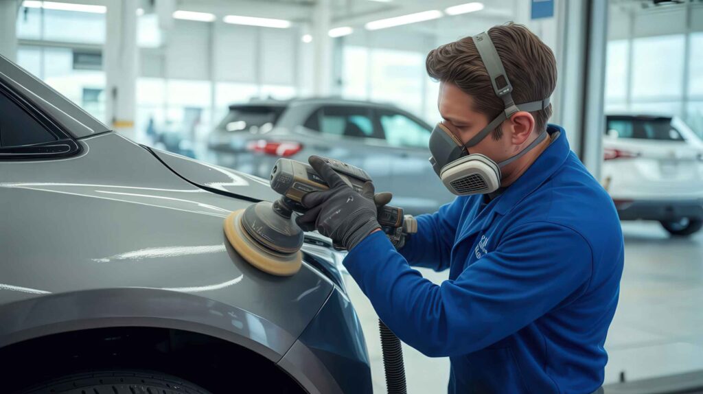 Technician polishing quarter panel in shop – GM BEV certified Collision center Technician polishing quarter panel in shop - GM BEV certified Collision center